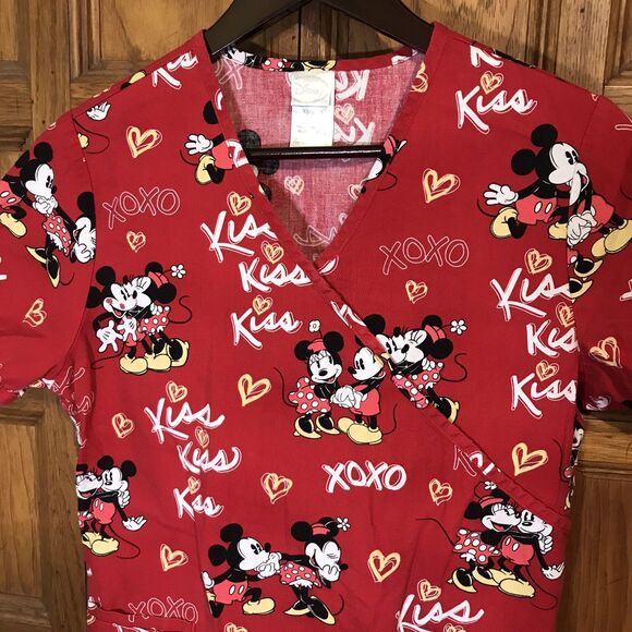 Disney Mickey & Minnie Mouse Scrub Top Women's XS Red Wrap Cinch Back 3 Pocket - Picture 2 of 12